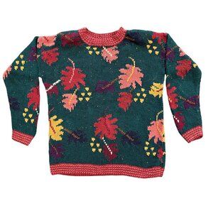 Vintage Pullover Sweater Fall Leaves 90s BOHO Cottage Best American Small Green